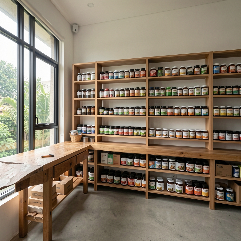 Eloma studio interior in Jakarta with shelving of supplement materials, wooden workbench, and natural daylight from large windows
