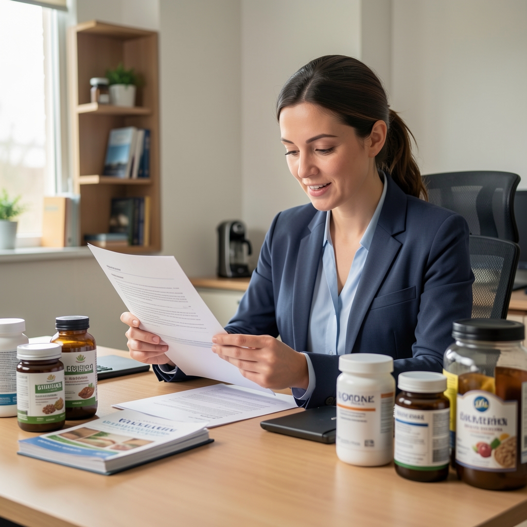 Nutrition professional reviewing printed batch documentation at a desk surrounded by ingredient reference materials under studio lighting