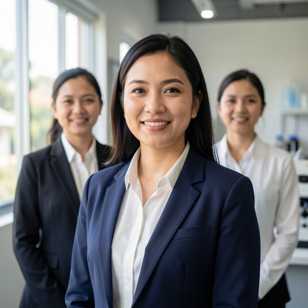 Eloma team of three nutrition professionals standing in their Jakarta formulation studio, natural light from side windows, professional attire