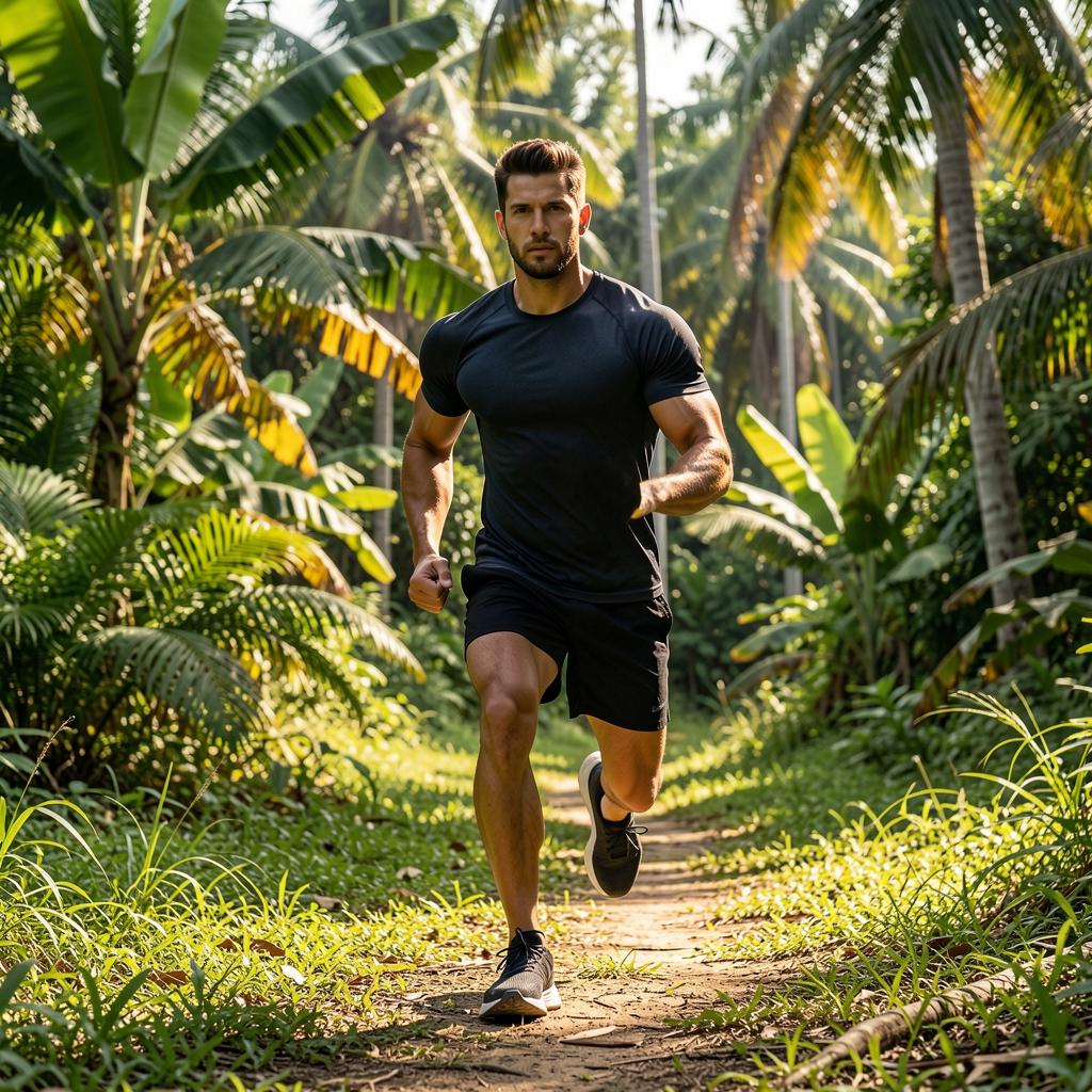 Athletic man engaged in outdoor morning exercise in a tropical green landscape, strong natural light