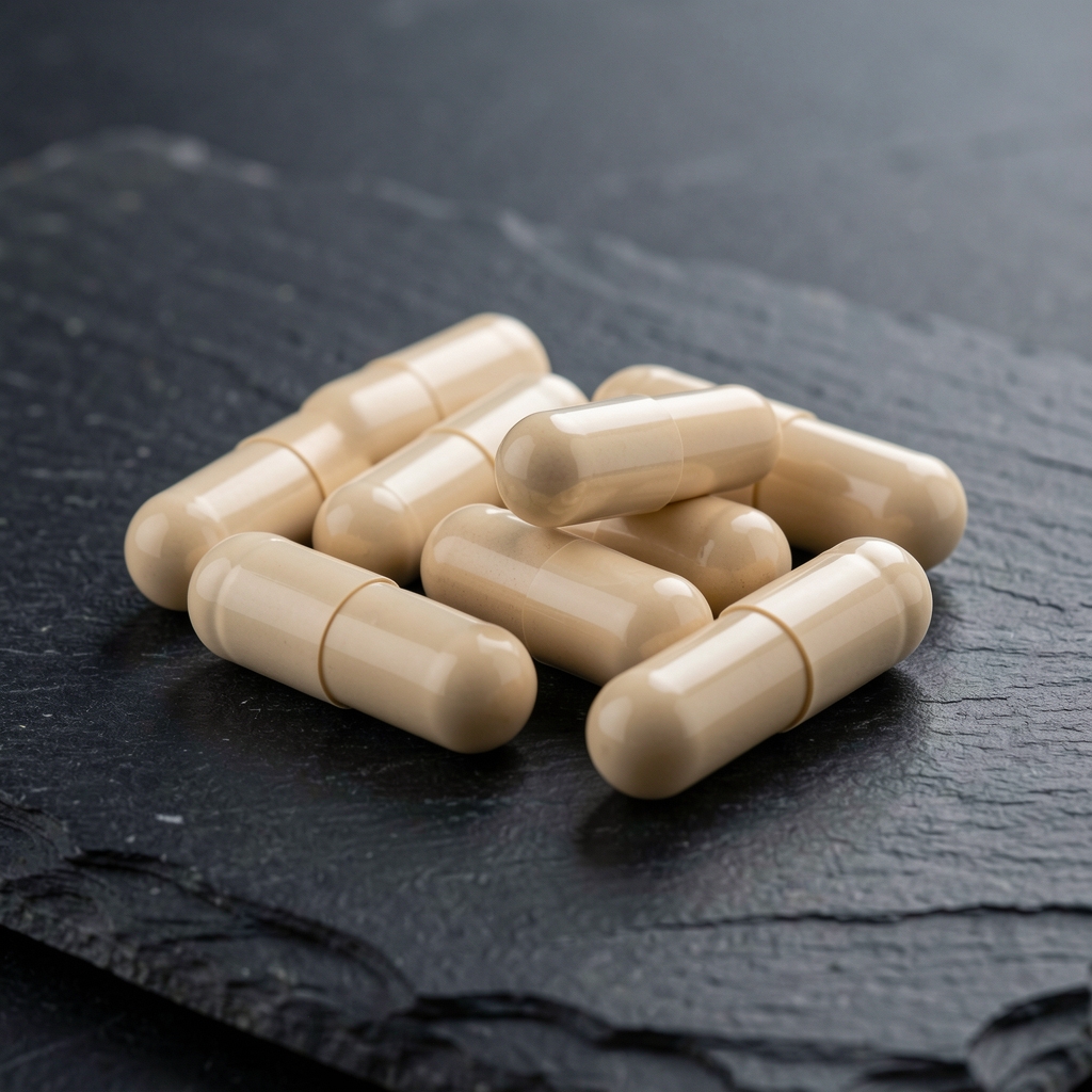 Close-up of high-quality nutritional supplement capsules arranged on a dark stone surface with controlled studio lighting