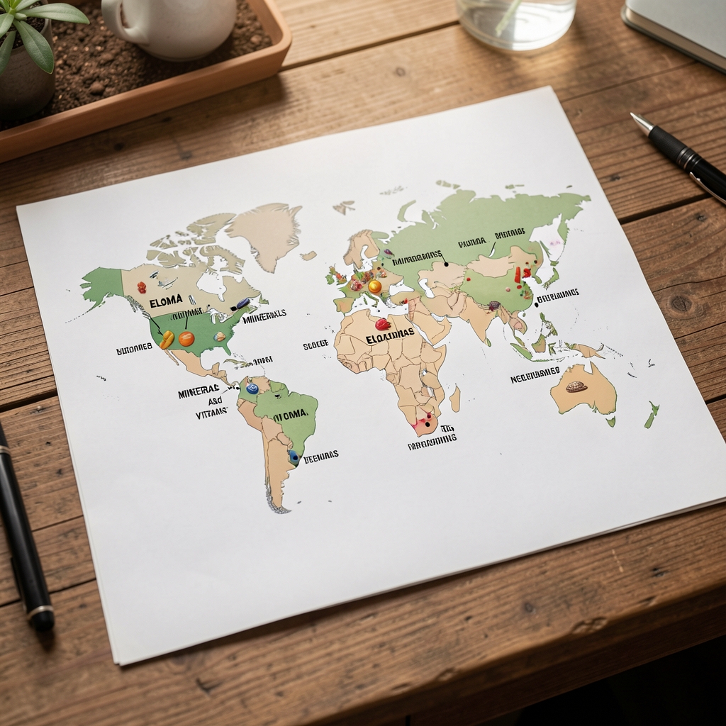World map with ingredient origin markers indicating sourcing regions for Eloma minerals and vitamins, printed documentation visible on a wooden desk