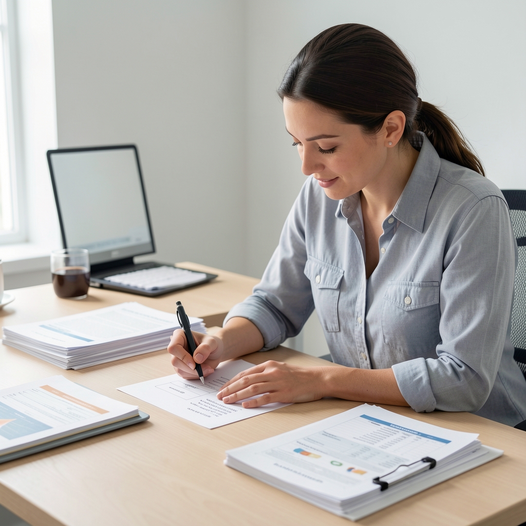 Nutrition professional writing ingredient ratio specifications on paper at a workbench surrounded by reference documents in a clean studio environment