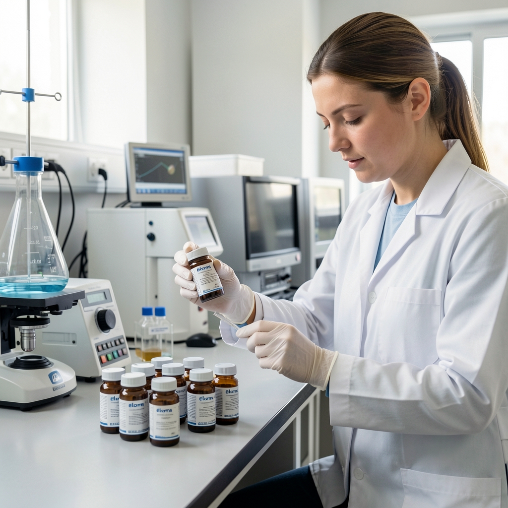 Independent laboratory technician handling Eloma supplement sample vials on a lab bench with analytical equipment visible in the background