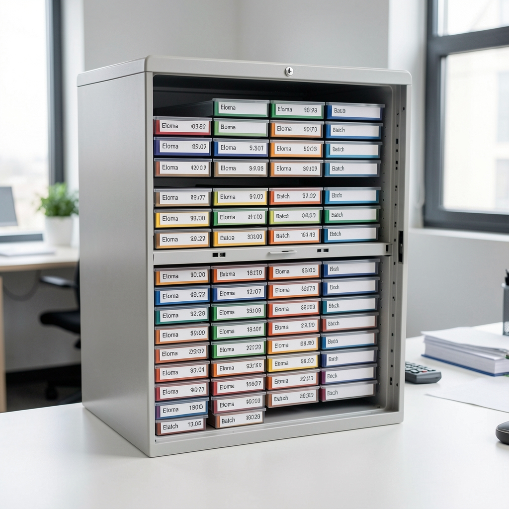 Filing cabinet and binder system showing organised Eloma archive entries with dated tabs and batch code labels in a clean office workspace