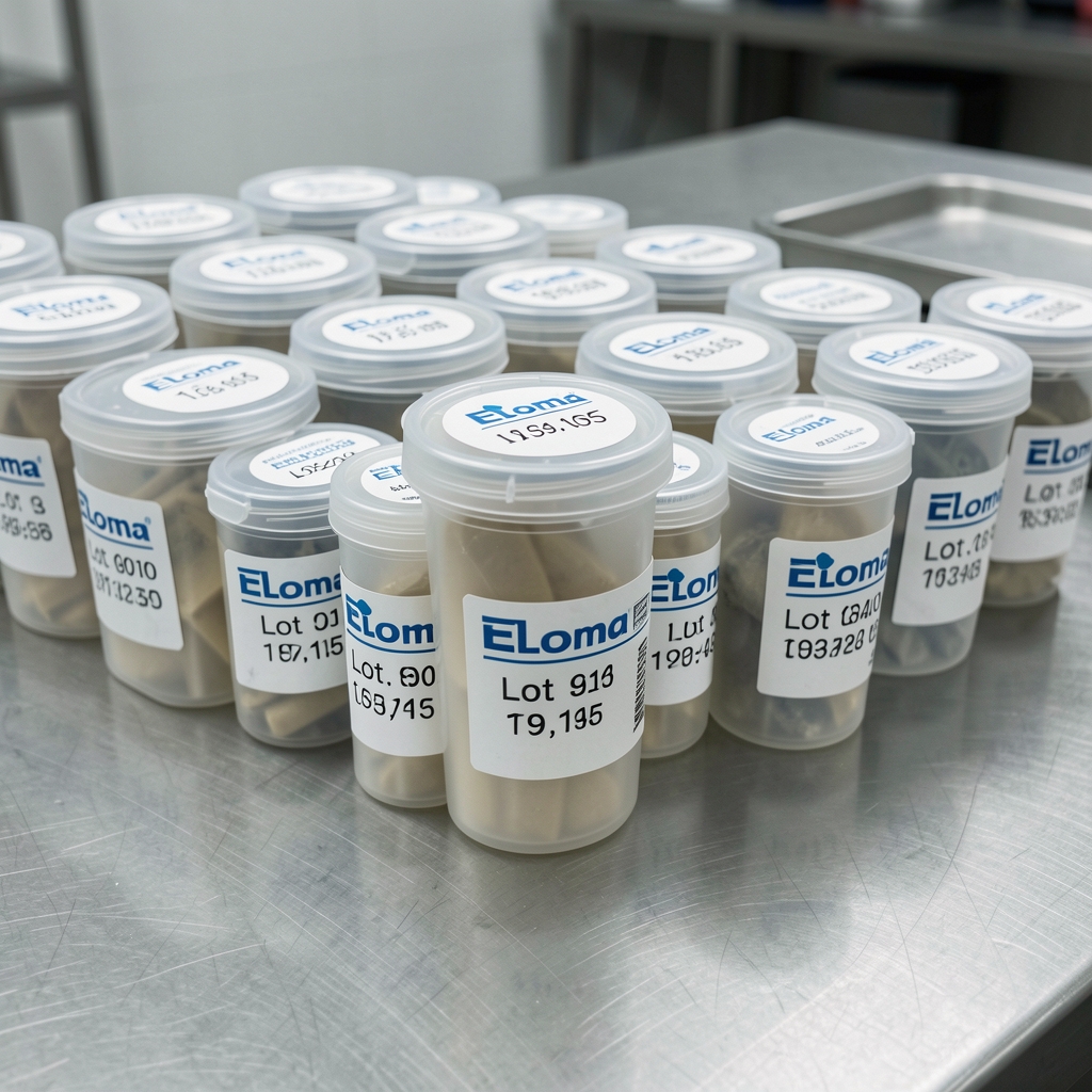 Close-up of Eloma quality-control batch containers with printed lot codes on labels arranged in rows on a clean stainless steel surface
