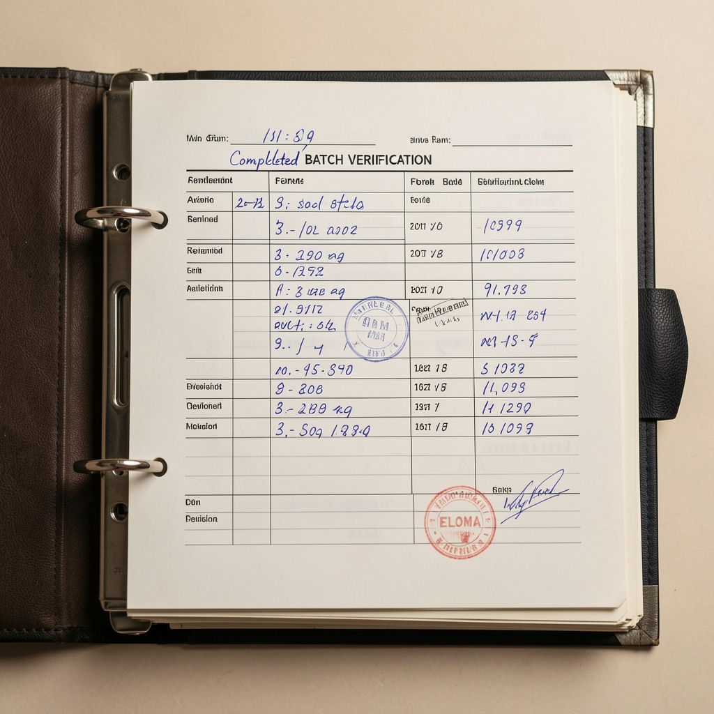 Eloma archive binder open showing completed batch verification forms with date stamps and revision numbers in neat handwriting