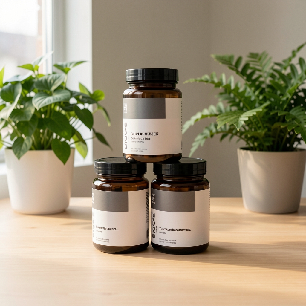 Eloma Active Stack supplement bottles arranged on a clean wooden surface with green plants in soft natural daylight